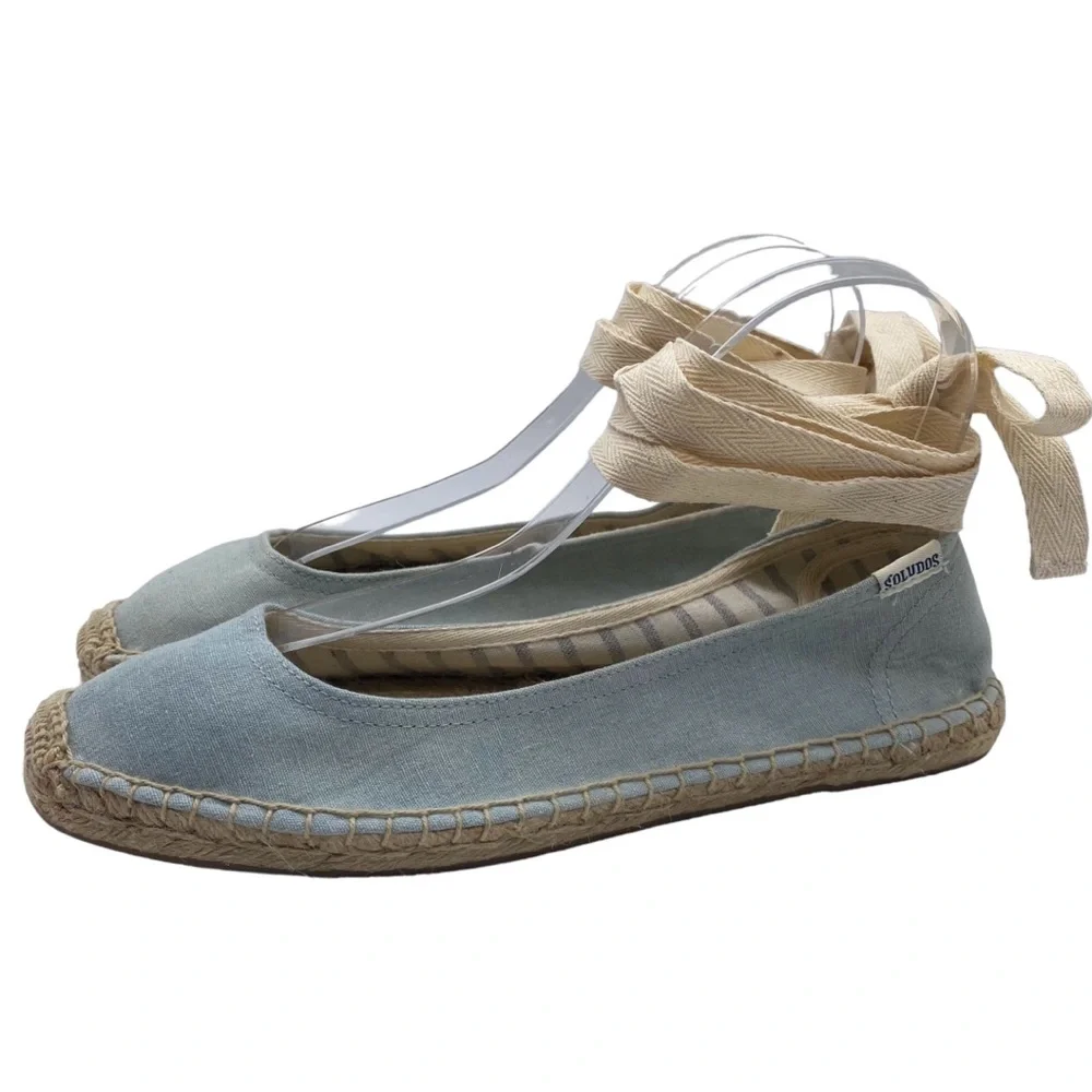 Soludos Shoes Espadrille Ballet Flats Blue Fabric Ankle Tie Casual Womens Size 8